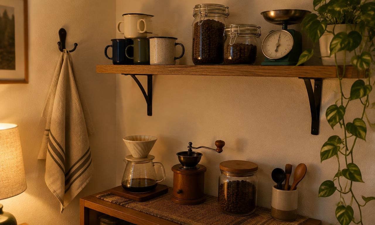 The shelf with mugs and jars, the cloth on its hook, the small empire of one shelf.