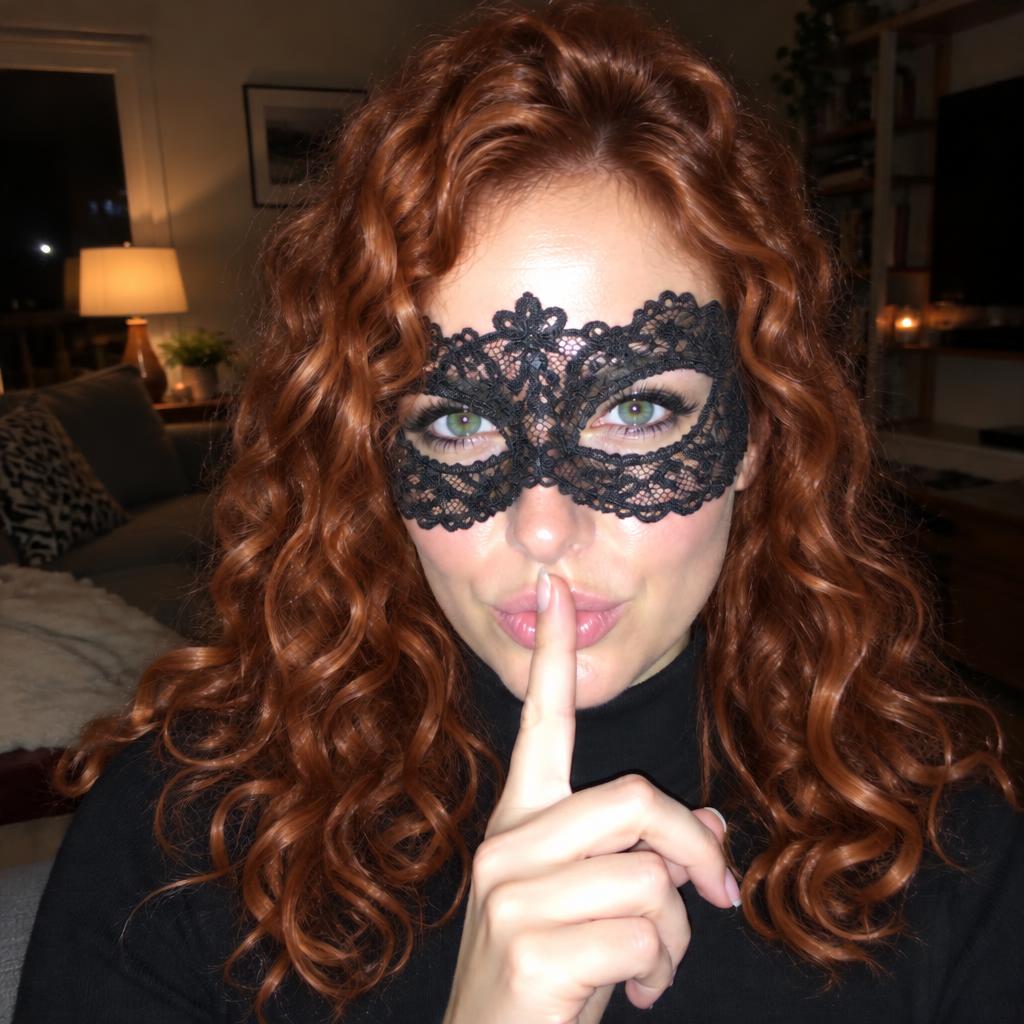 Portrait of a red-haired woman with green eyes wearing a black lace mask and making a hush gesture